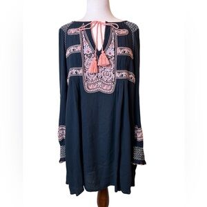 Free People Dress Mini Size M Embroidered Navy Long Sleeves Mind Willow Tassels